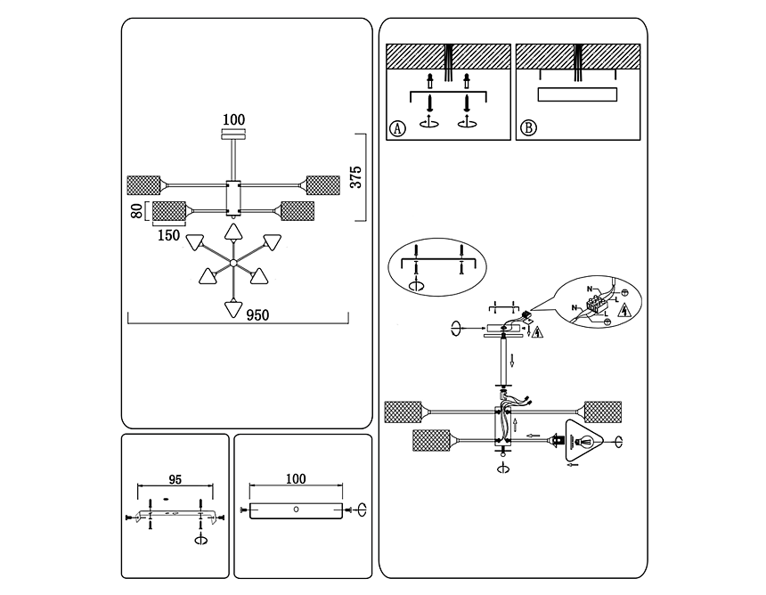 TR80172/6 SB/BK бронза/черный E27/6 max 40W D950*375